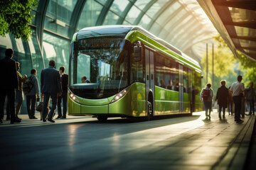 A group of passengers boarding a modern, low-emission city bus, representing the Concept of eco-friendly public transportation. Generative Ai.