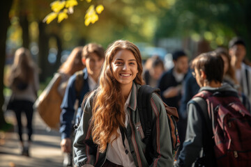 Fototapeta premium A group of students riding bicycles to school, highlighting the Concept of eco-friendly commuting for students. Generative Ai.