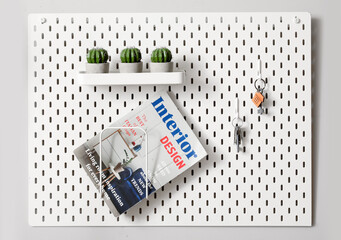 Pegboard with cacti, magazine and keys on light wall