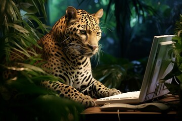 A jaguar using a computer in a home office. Generative AI