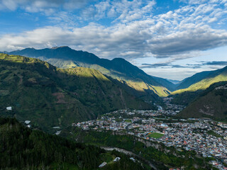 Beautiful aerial view of the Ecuadorian Andes at sunset. City of Banos.