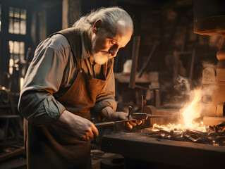 Blacksmith shaping metal the glow of the forge illuminating the workshop.