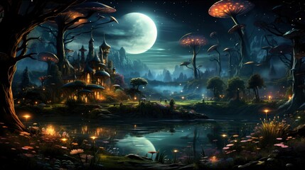 Mystical forest scene with illuminated mushrooms, magical castle, glowing lights, and serene pond reflections.