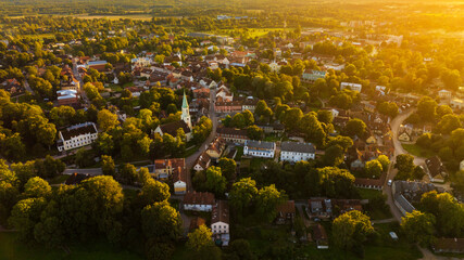 Aerial view of City Kuldiga, Old town during sunset. Kuldiga is Part of UNESCO World Heritage.