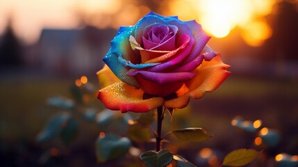 An ultra HD 8K image of a Rainbow Rose blooming under the soft glow of twilight, with the petals...