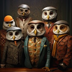 A picture of six owls wearing coats, hotorealistic still lives, mixed-media sculptor.