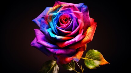 An ultra HD 8K image of a Rainbow Rose against a dark background, showcasing its luminous colors and intricate patterns in great detail.