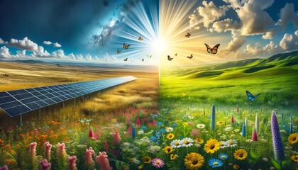 An illustration depiction showcasing the transformation of a desolate terrain into a vibrant landscape with the inclusion of solar panels, wildflowers, and butterflies. Transformation of nature