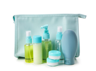 Bag with set of travel cosmetic products isolated on white background