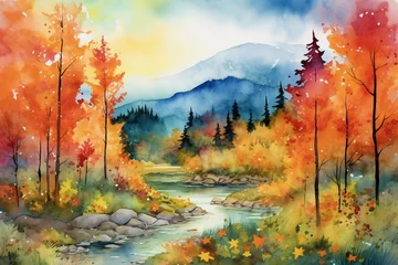 Foto op Canvas Vibrant fall watercolor scenery featuring mountains and woodlands. Generative AI © Azura