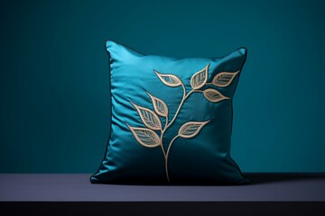 A blue pillow with a leaf pattern on its side, set against light blue and black backgrounds. Generative AI