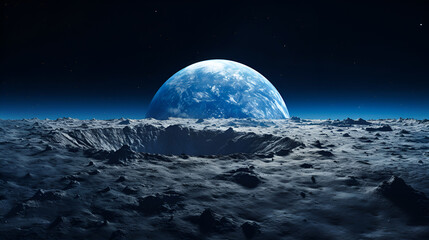 View from the surface of the Moon to the blue planet earth. Lunar landscape in cool blue tones....