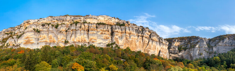Fototapeta na wymiar Panoramic view of stunning cliffs in National Historical and Archaeological Reserve Madara. near Shumen, Bulgaria.