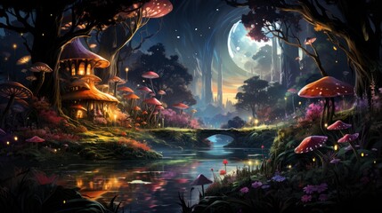 Mystical forest scene with illuminated mushrooms, magical castle, glowing lights, and serene pond reflections.