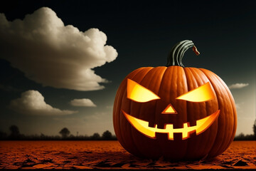 Jack-o-lantern on orange maple leaves against a thunderstorm background. Generative AI.