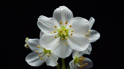 Fototapeta na wymiar An ultra-HD shot capturing the intricate details of a single Silverbell Saxifrage blossom with its pristine white petals and yellow centers.