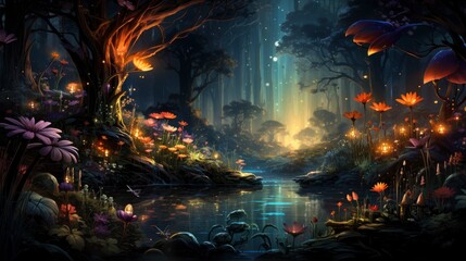 Mystical forest scene with illuminated mushrooms, magical castle, glowing lights, and serene pond reflections.