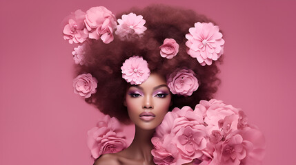 Beauty Art African American girl with pink flowers in lush hair and professional makeup, on a studio pink background with copy space. The concept of natural cosmetics and cosmetology.
