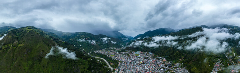 Beautiful aerial view of the Ecuadorian Andes. City of Banos.