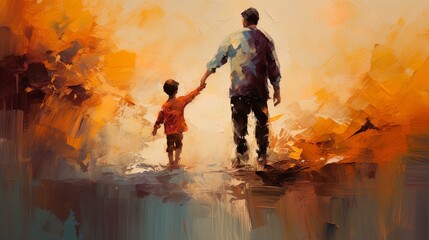 Obraz premium Lonely father walking hand in hand with son child. Concept illustration for divorce, death of a parent, loving father
