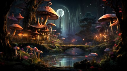Obraz premium Mystical forest scene with illuminated mushrooms, magical castle, glowing lights, and serene pond reflections.