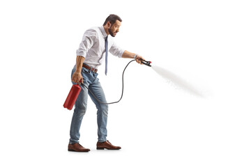 Businessman using a fire extinguisher