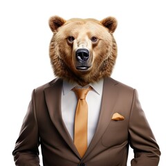 Funny brown bear in suit generative AI illustration isolated on white background. Lovely animal looks like humans concept. Realistic photo style