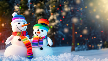 Beautiful happy snowman in the middle of nature in an outdoor environment with colorful scarves representing the alternative and gender community