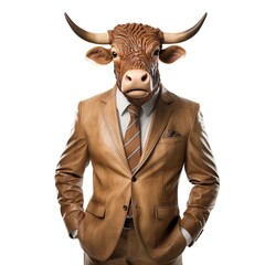 Businessman bull in suit is standing isolated on white background. Generative AI image illustration. Business animals concept