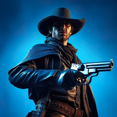 Fototapeta premium Gunman cowboy isolated on blue background. Concept generative AI image illustration. Symbol of Wild West