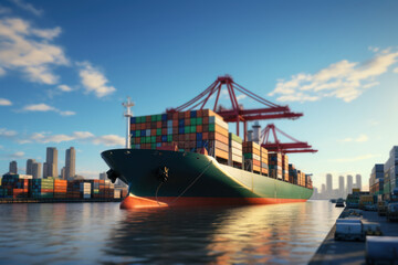 Naklejka premium A cargo ship docked at a busy port, illustrating the global transportation of goods within value chains. Generative Ai.