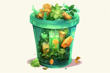 Illustration of a green recycling garbage bin on a transparent background. Generative AI