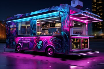 Modern food truck with elaborate interior, standalone in vibrant lighting. Ready-to-go meals and beverages. Computer-generated visuals. Generative AI