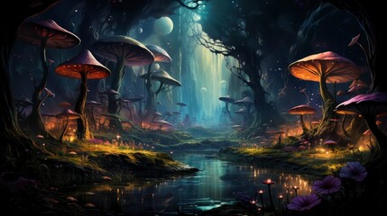 Obraz premium Mystical forest scene with illuminated mushrooms, magical castle, glowing lights, and serene pond reflections.