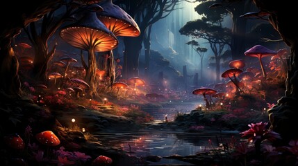 Mystical forest scene with illuminated mushrooms, magical castle, glowing lights, and serene pond reflections.