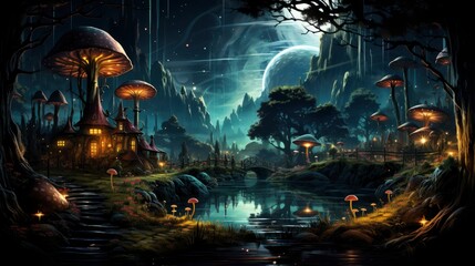 Mystical forest scene with illuminated mushrooms, magical castle, glowing lights, and serene pond reflections.