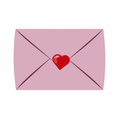 A Love letter on Valentine`s Day. Paper mail postcard. Pink letter with red heart. Hand drawn vector illustration.