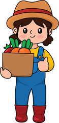 Cute Farmer Girl Hold holding the harvested vegetables Kawaii Cartoon Vector Illustration