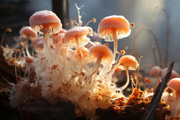 Fungi spreading their delicate mycelium networks through soil, supporting forest ecosystems. Concept of mycology and symbiotic relationships. Generative Ai.