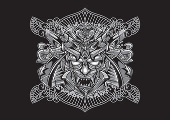 Naklejka premium Aggressive demon beast head in monochromatic style vector illustration 