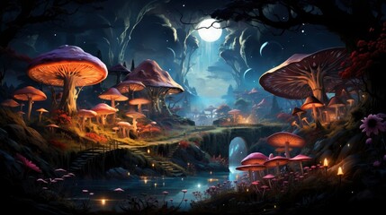 Mystical forest scene with illuminated mushrooms, magical castle, glowing lights, and serene pond reflections.