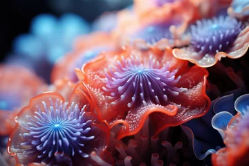 Fototapete Rund A close-up of coral polyps, constructing intricate reefs that shelter marine life. Concept of marine biology and reef ecosystems. Generative Ai. © Sebastian