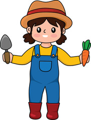Cute Farmer Girl With Hold Carrot and Mini Shovel Kawaii Cartoon Vector Illustration