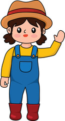 Cute Farmer Girl Hi Pose Kawaii Cartoon Vector Illustration