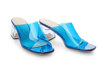 Stylish blue sandals on white background