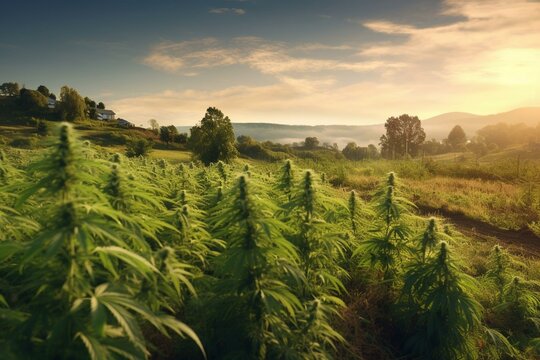 Young cannabis plants, a farm field, and a hemp business. Generative AI