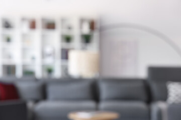 Blurred view of modern living room with stylish sofa