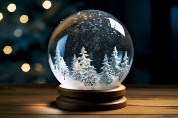 A clear glass sphere filled with snowflakes, standing alone. Generative AI
