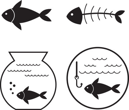 collection of icons of fish in an aquarium, fish on a fishing rod, fish being eaten