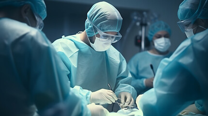 Surgeon in the operating room team working in unison to save a life. - obrazy, fototapety, plakaty
